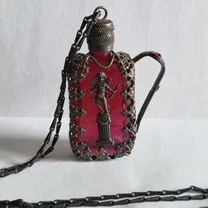 Signed La Vie Parisienne France Perfume Bottle Necklace – Amethyst Glass Cherub